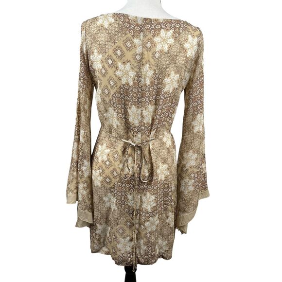 Kookai Mini Dress Size 2 Beige Brown Geometric Floral Long Sleeve Boho Hippie - Picture 6 of 12